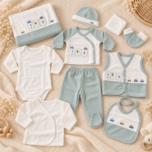 Set nou nascut 10 piese din bumbac, alb verde salvie, masinute, paturica si accesorii