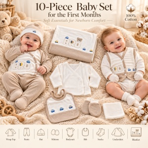 Set nou nascut 10 piese din bumbac, crem-bej, masinute brodate, paturica si accesorii - Img 6