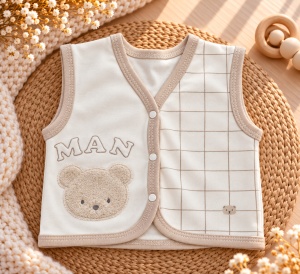 Set nou nascut 10 piese din bumbac, crem bej, ursulet, carouri, paturica si accesorii - Img 2