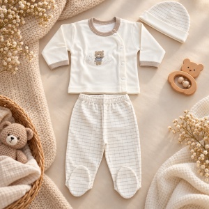 Set nou nascut 10 piese din bumbac, crem, ursulet brodat, paturica, body, pantaloni - Img 3