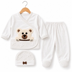Set nou-nascut 10 piese din bumbac organic cu paturica, body si accesorii, model ursulet, alb crem - Img 5