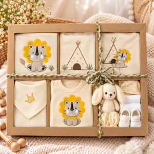 Set nou-nascut 10 piese din bumbac organic, salopeta, body, paturica si accesorii, model leut, galben crem - Img 3