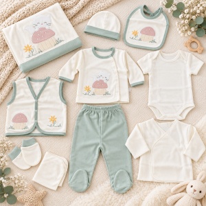 Set nou nascut 10 piese din bumbac, verde menta si alb, model pisicuta cu ciupercuta