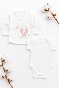 Set nou nascut 10 piese roz Happy Bear, bumbac moale pentru fetite - Img 3