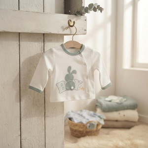Set nou-nascut 5 piese bumbac alb si verde salvie cu iepuras, pantaloni cu botosei integrati - Img 3