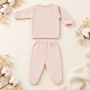 Set nou nascut 5 piese bumbac organic roz cu floricica, pantaloni cu botosei integrati - Img 5