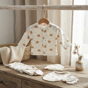 Set nou nascut 5 piese cu ursuleti, bluza, pantaloni cu botosei, caciulita, baveta si manusi - Img 3