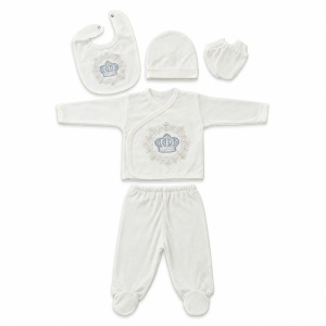 Set nou nascut 5 piese din bumbac alb cu coroana brodata, bluza petrecuta si botosei integrati - Img 3