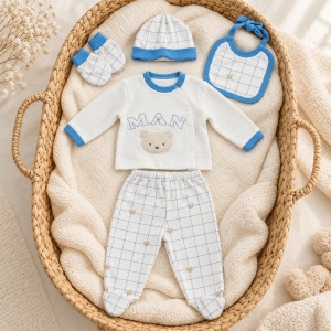 Set nou-nascut 5 piese din bumbac alb si bleu cu ursulet, model carouri si pantaloni cu botosei