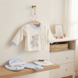 Set nou-nascut 5 piese din bumbac alb si bleu cu ursulet, pantaloni cu botosei integrati - Img 3