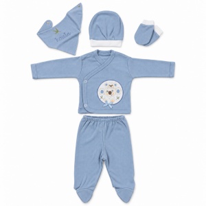 Set nou-nascut 5 piese din bumbac, bluza, pantaloni cu botosei, caciulita, manusi si baveta, Koala, bleu - Img 5
