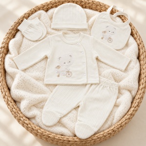 Set nou-nascut 5 piese din bumbac ivoire cu ursulet, pantaloni cu botosei integrati - Img 2
