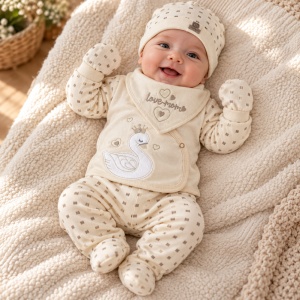 Set nou nascut 5 piese din bumbac organic crem cu lebada, pantaloni cu botosei integrati