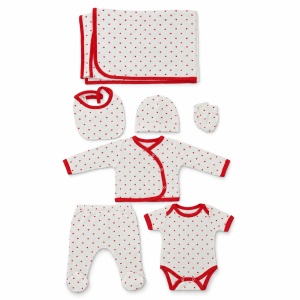 Set nou nascut 7 piese din bumbac alb cu inimioare rosii, body, pantalon si paturica - Img 3
