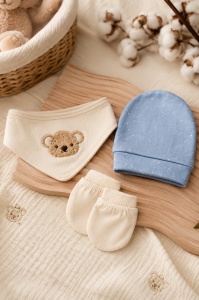 Set nou nascut 7 piese din bumbac organic albastru cu paturica, body si imprimeu koala, prezentare in decor