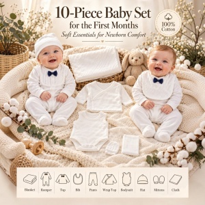 Set nou-nascut elegant 10 piese din 100% bumbac alb cu papion bleumarin, imagine lifestyle cu doi bebelusi