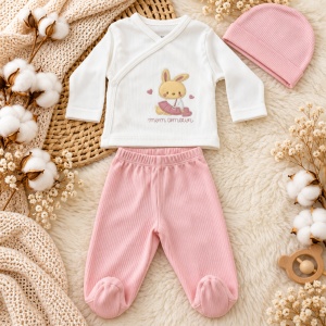 Set nou nascut fete 7 piese bumbac roz alb cu iepurasi, paturica, pantaloni si accesorii - Img 3