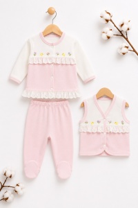Set nou nascut fetita 10 piese 100% bumbac, roz, flori brodate, paturica inclusa - Img 5