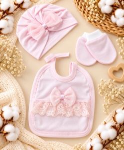 Set nou nascut fetita 10 piese bumbac, roz, dantela, paturica, body, salopeta si accesorii - Img 7