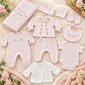 Set nou nascut fetita 10 piese din bumbac, roz pudrat, cu broderie florala