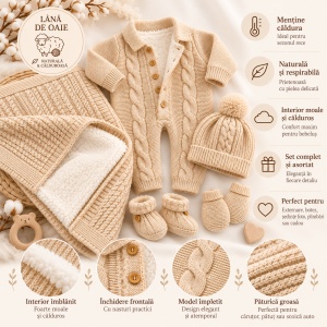 Set premium pentru nou nascut din lana de oaie cu combinezon imblanit, paturica si accesorii 5 piese - Img 2