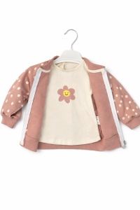 Set trening fete 3 piese roz pudra cu buline jacheta bluza pantaloni - Img 3