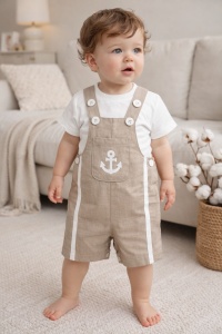 Set vara bebe 2 piese salopeta si tricou bumbac model ancora