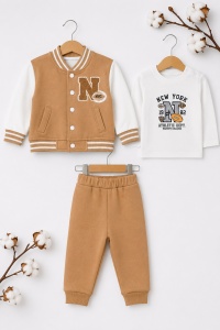 Trening bebe 3 piese camel din bumbac cu bluza, jacheta college si pantaloni pentru bebelusi - Img 2