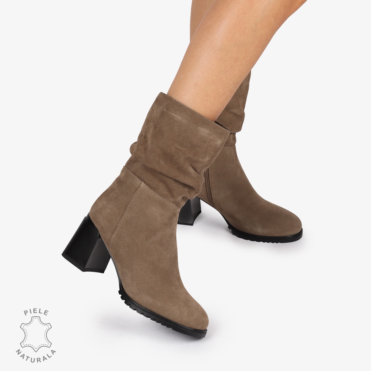 Cizme Dama din Piele Naturală Intoarsa cu toc Gros CRL1246 Khaki