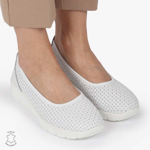 Balerini dama din Piele Naturala cu talpa groasa CRL01382 ALB - Img 2