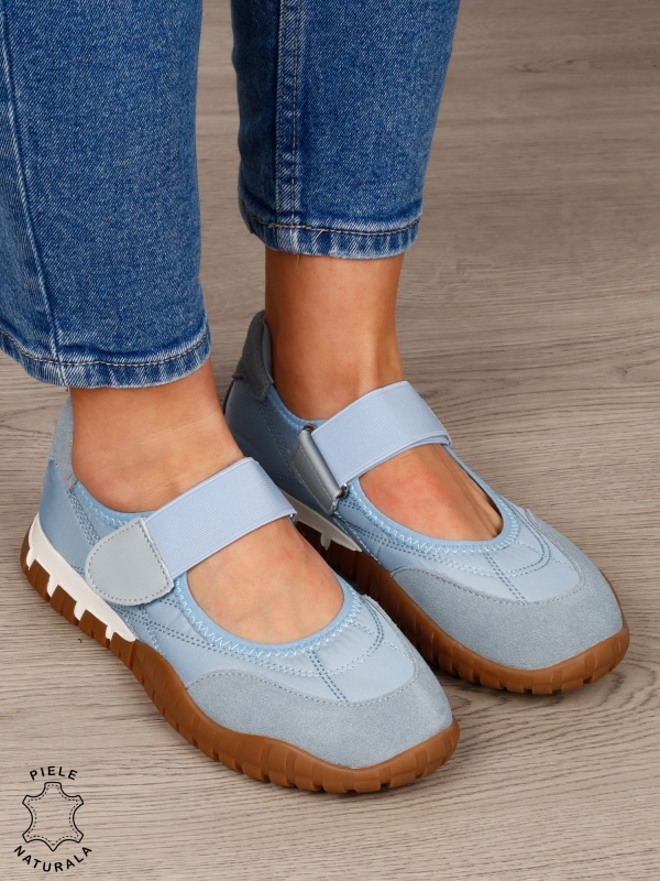 Balerini damă din piele naturală întoarsă și material textil, cu branț din piele naturală CRL1562 ALBASTRU - Img 4