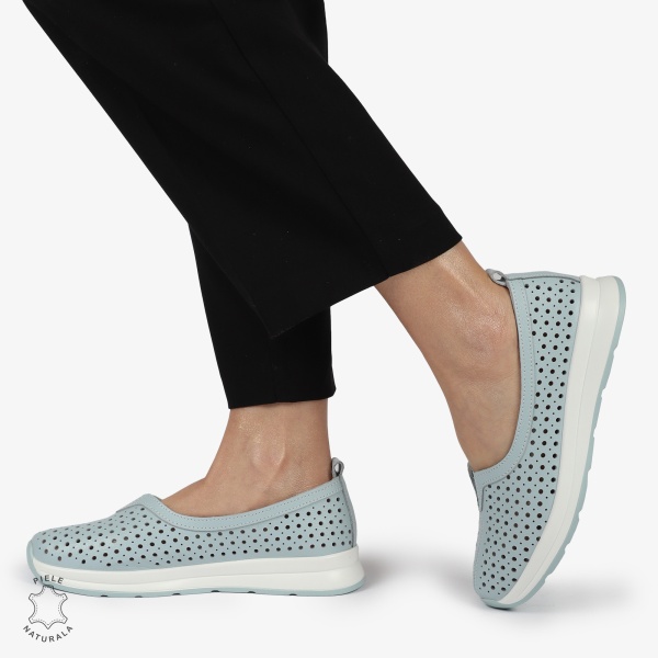 Balerini dama din Piele Naturala PERFORATA CU FUNDITA CRL1417 ALBASTRU - Img 3
