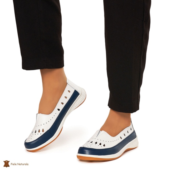 Balerini Dama Piele Naturala Slip-on CRL0074 ALB CU BLEUMARIN - Img 3