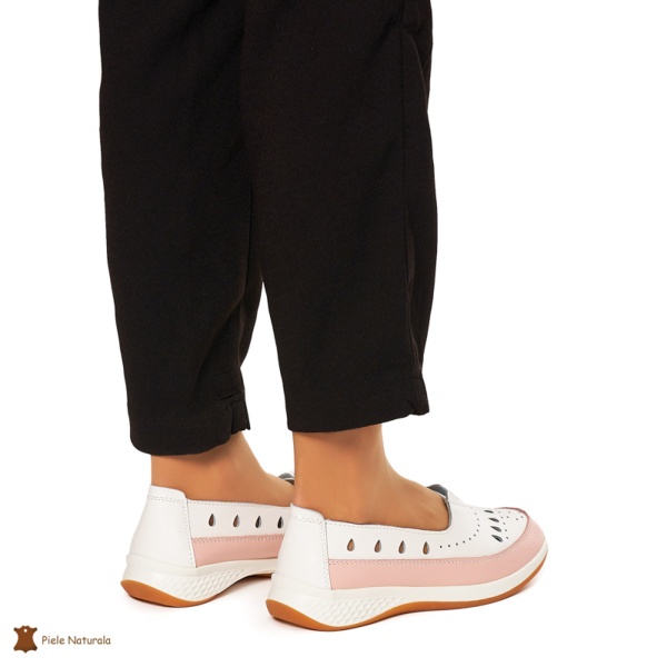 Balerini Dama Piele Naturala Slip-on CRL0074 Alb cu Roz - Img 4