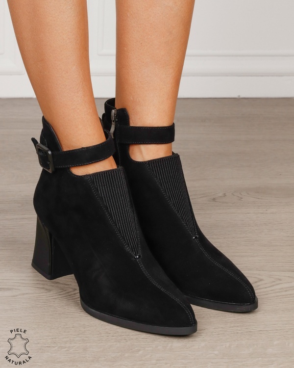 Botine damă din piele naturală întoarsă, cu elastic frontal și baretă cu cataramă CRL1885 NEGRU - Img 2