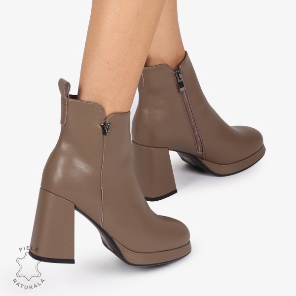 Botine dama Piele Naturala cu inchidere fermoar si toc Gros Inalt CRL1255 khaki - Img 4