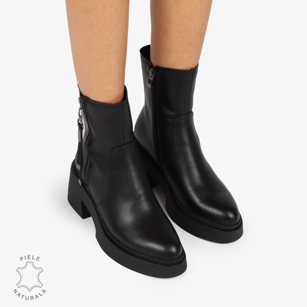 BOTINE DIN PIELE NATURALA cu Fermoar lateral si toc Gros CRL1243 Negru - Img 3