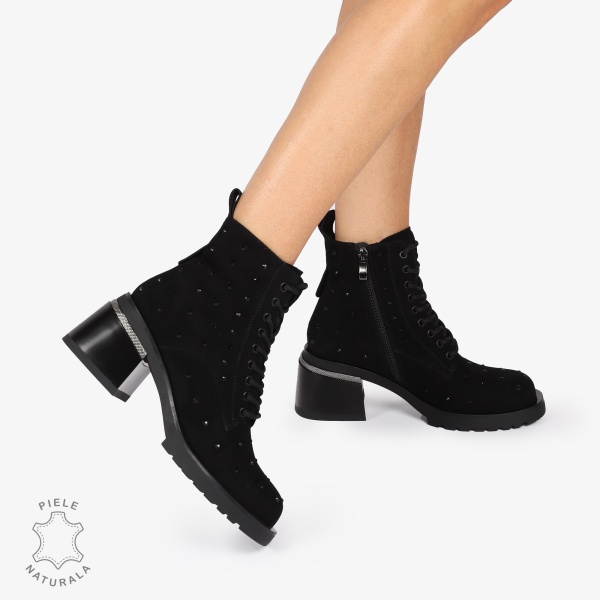 Botine Piele Naturala Intoarsa cu Stras si toc Gros CRL1245 NEGRU - Img 2