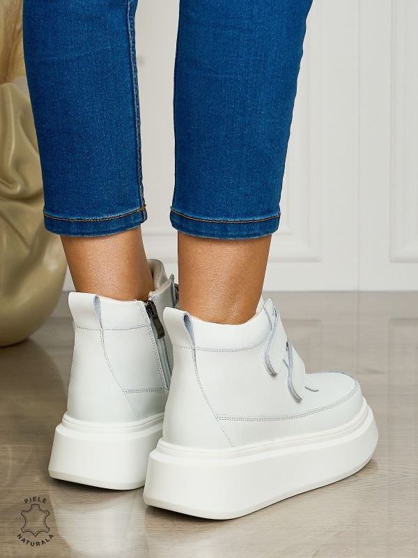 Ghete casual din piele naturală cu talpa solida cu Velcro si fermoar CRL1512ALB - Img 3
