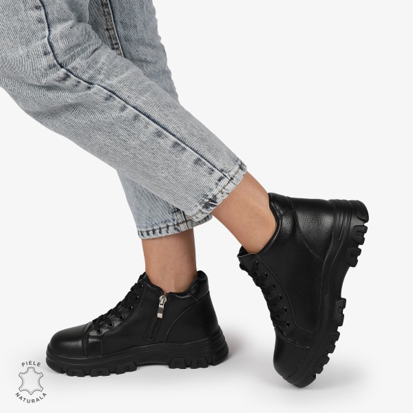 Ghete Dama DIN Piele Naturala CU TALPA ADERENTA CRL1299 NEGRU - Img 3