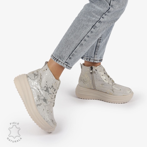 GHETE DAMA piele naturala INTOARSA cu IMPRIMEU SARPE CRL1309BEJ - Img 2