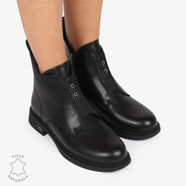 Ghete Negre din Piele Naturala cu Fermoar lateral CRL1244 - Img 3