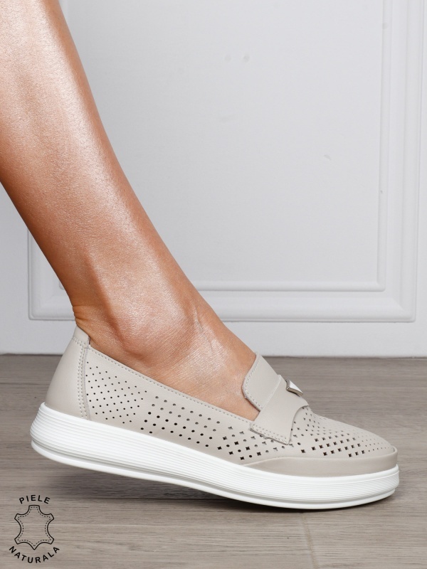 Mocasini Damă din Piele Naturală Perforata cu Accesoriu Metalic CRL1301 GRI - Img 2