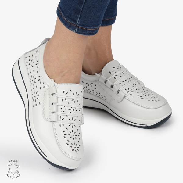 Mocasini dama din Piele Naturala Perforati CRL1364 ALB - Img 3