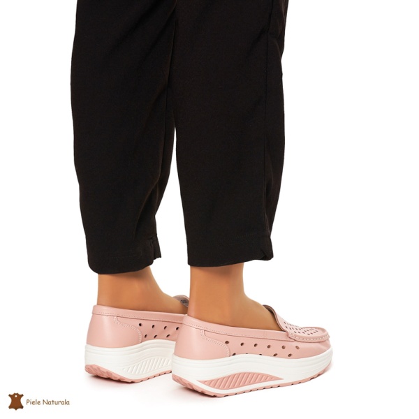 Mocasini Dama Piele Naturala perforati cu talpa groasa CRL0079 ROZ - Img 3