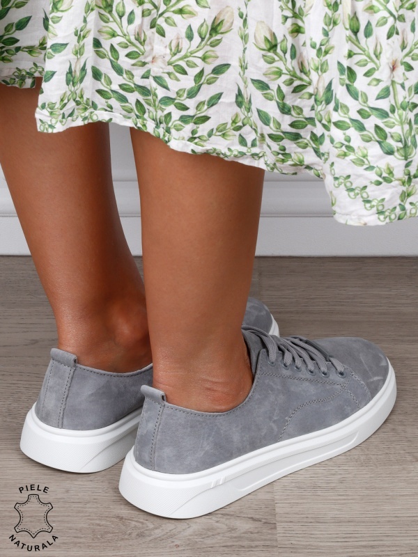 Pantofi casual damă din piele întoarsă naturală cu detaliu decorativ frontal CRL1821 GRI - Img 3