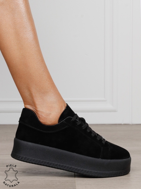 Pantofi casual damă din piele întoarsă naturală cu detaliu decorativ frontal CRL1820 NEGRU - Img 2