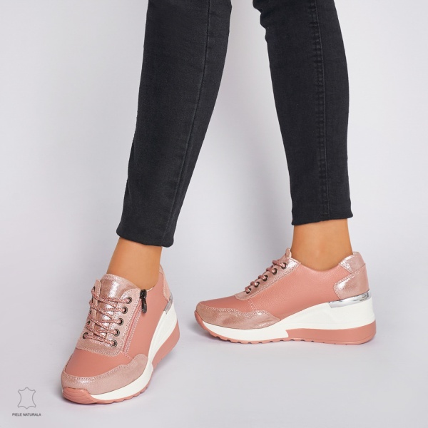 Pantofi Casual dama din Piele Naturala CRL0068 ROZ - Img 2