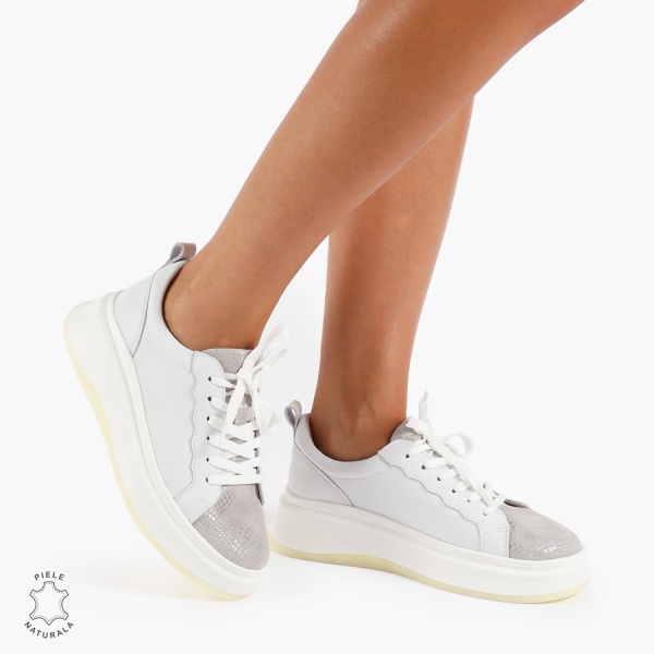 Pantofi Casual DAMA din PIELE Naturala CRL0947 CULOARE: ALB CU ARGINTIU - Img 3