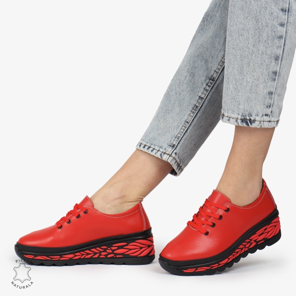 Pantofi Casual dama din Piele naturala CU DESIGN PE TALPA SIRET CRL1345 ROSU - Img 4
